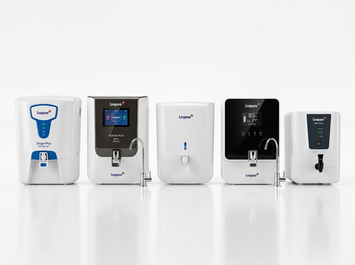Livpure water purifier models Pune — Zinger Plus RO+UV+UF, Platino Plus touchscreen, Envy Neo, Smart Touch, Bolt Plus — service by AquaguardService